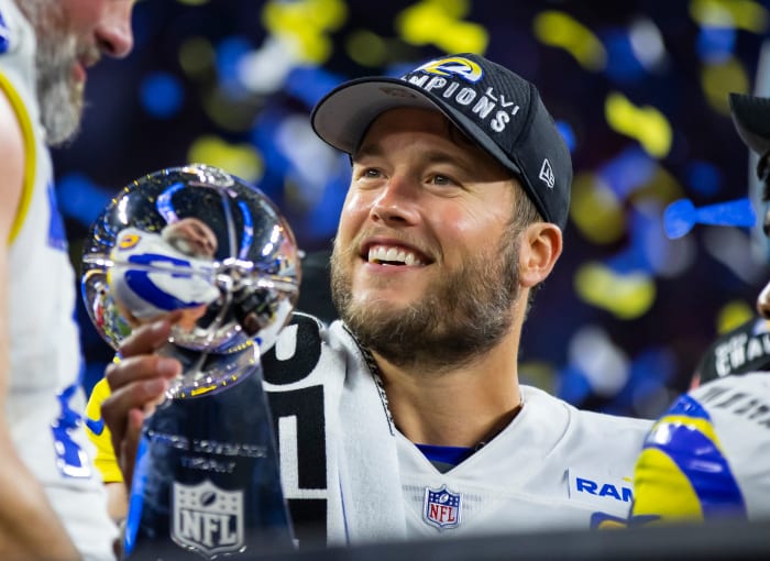 Feb 13, 2022; Inglewood, CA, USA; Los Angeles Rams quarterback Matthew Stafford celebrates with the Lombardi Trophy after defeating the Cincinnati Bengals in Super Bowl LVI at SoFi Stadium.